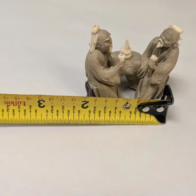 Kuan-Yin In Meditation Figure, Vintage Carved Wooden Face Buddha Oriental Bust, Vintage Hand Made Mud Men & Embossed Brass Dish
