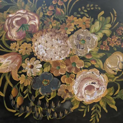 Vintage Hand-Painted Floral Tôleware Metal Serving Tray