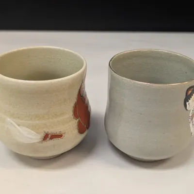 Vintage Kutain Ware Daruma Sake Cup & Japanese Doll Sake Cup
