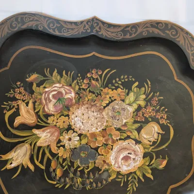 Vintage Hand-Painted Floral Tôleware Metal Serving Tray