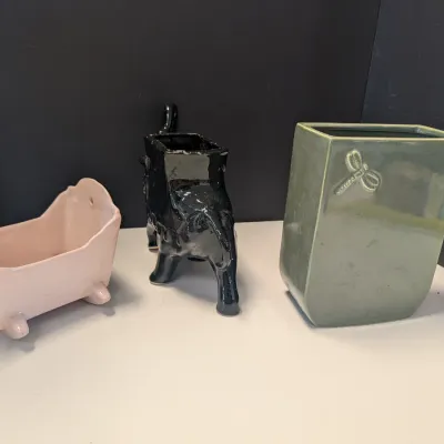 Vintage Planters Haeger Pottery Baby Cradle, Vintage Elephant Shaped Black Ceramic Planter & Green Planter With Raised Dragonfly