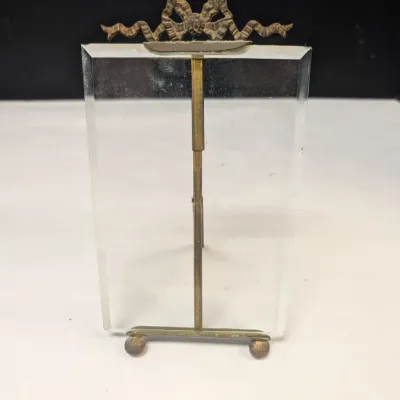 French Brass Easel Picture Frame Glass Stand & Antique Wood Swinging Picture Frame