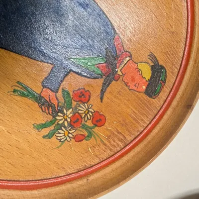 Burning Windmill, Vintage Scandinavian Decorative Wooden Hand Painted Plate Folk Art Boy & Bird Design Wooden Plates