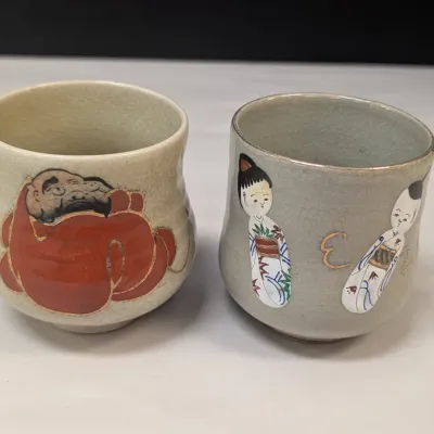 Vintage Kutain Ware Daruma Sake Cup & Japanese Doll Sake Cup