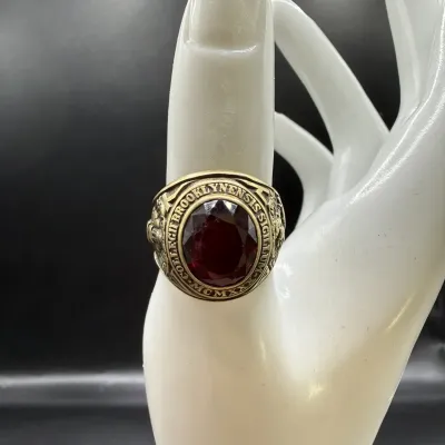 Breathtaking Vintage Heavy 14K Yellow Gold & Ruby Brooklyn College New York Class Ring, Size 8.25, 17.95 Grams