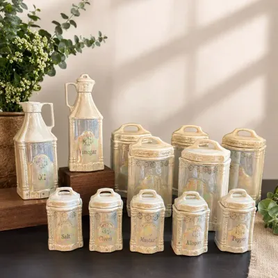 Vintage Iridescent Leicester Wear Ceramic Spice Jar, Set With Oil And Vinegar Cruets 12 Pieces