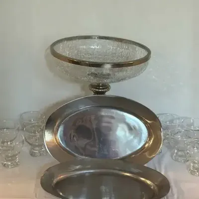 Crackled Glass Centerpiece Bowl, Serving Platter, Cocktail Glasses