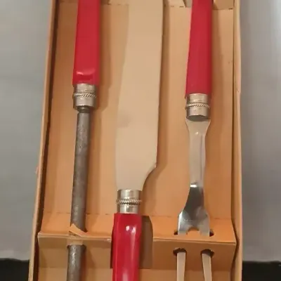 Vintage 3-Piece Carving Set in Original Box Red Handles Knife Fork Sharpening Steel