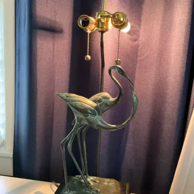 Fredrick Cooper Brass Cranes Double Bulb Lamp On A Wooden Base 