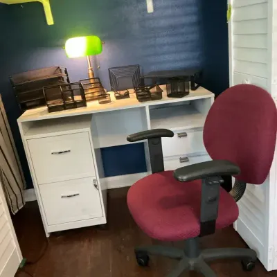 Desk, Office Chair, Desk Lamp With Desk Accessories And File Cabinet 