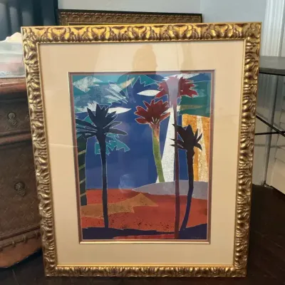 Signed Abstract Palm Tree Art Inlayed Print With Gold Frame