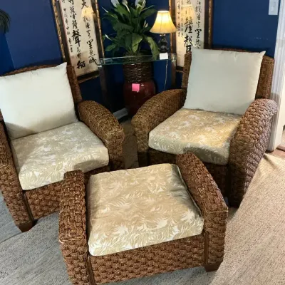 Woven Twisted Reed Lounge Chairs With Ottoman