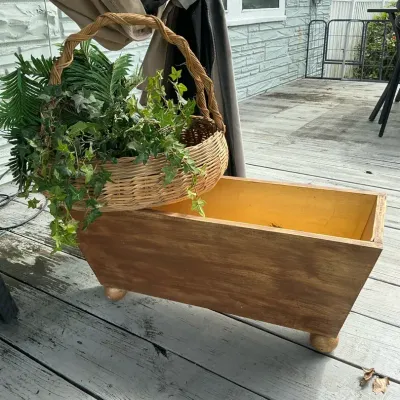 Wood Planter Box With Wicker Basket 