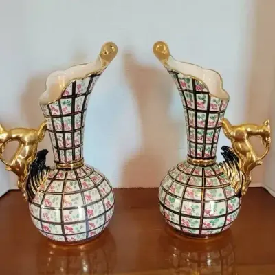 2 MCM Hubert Bequet Quaregnon Hand-painted Ceramic Pitcher Vases