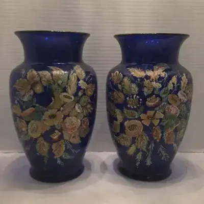 Art Deco Hand Painted Blue Glass Vases
