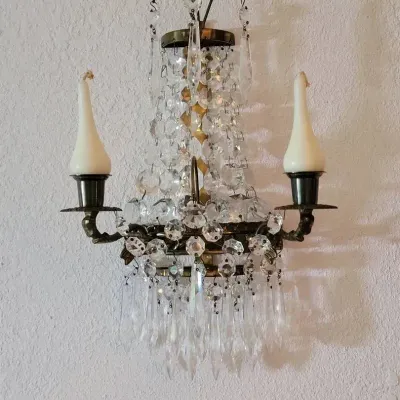 Gustavian-Style Crystal and Brass Wall Sconce Candelabra #2