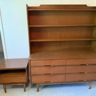 Mid-Century Modern Dresser With Bookshelf, and Nightstand