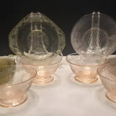 Amber & Pink Depression Glass Plates & Cups