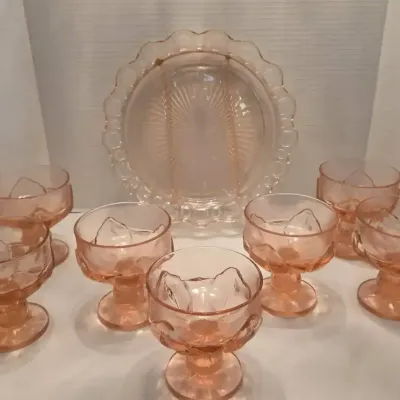 Vintage 8 Pc Tiffin Franciscan Lotus Low Glasses & Pink Depression Glass Relish Tray