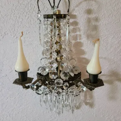 Gustavian-Style Crystal and Brass Wall Sconce Candelabra #1
