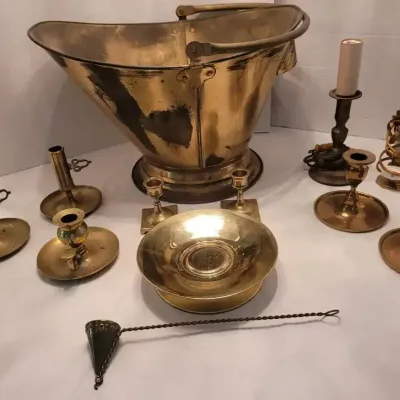 Collection of Vintage Brass Fireplace Accessories, Candle Holders, and Lighting Parts