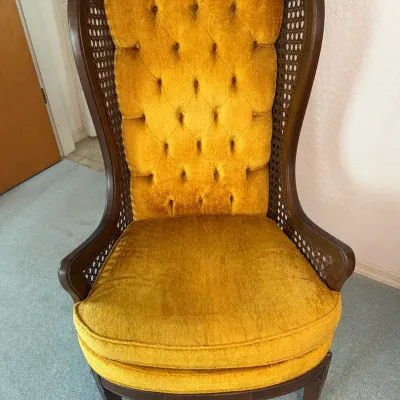 MCM - Bassett Tufted Cane Wingback Chair With Gold Velvet Fabric