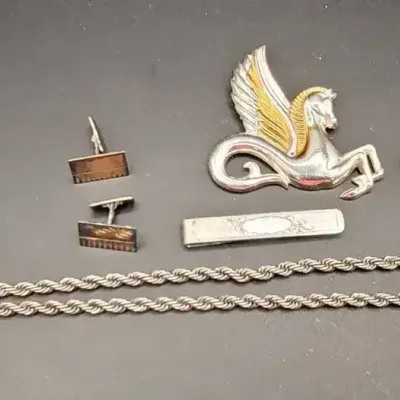 Sterling Necklace, Cufflinks, Earrings, Money Clip, and Monet Pin