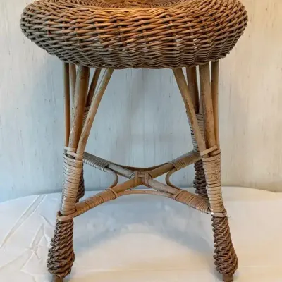 Mid-Century Modern Vintage Round Wicker & Rattan Stool
