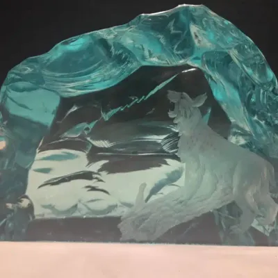 Mid Century Etched Crystal Block Signed Bottom