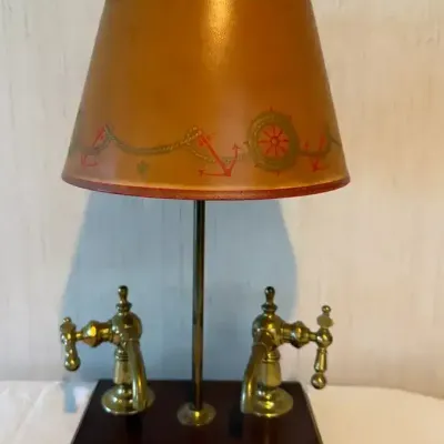 Industrial Style Lamp With Brass Faucets & A Nautical Themed Shade