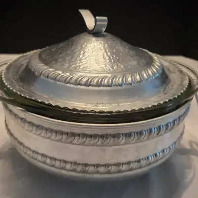 MCM Hammered Aluminum Casserole Serving Dish with a Pyrex Glass Insert