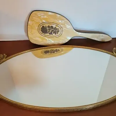 Stylebuilt Oval Mirror Tray and Celluloid Hand Mirror