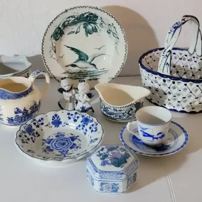 Blue, Green, and White Porcelain and Earthenware Decor 