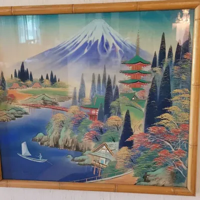 Vintage MCM Japanese Landscape Painting on Silk in Bamboo Frame