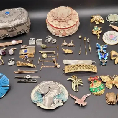 Eclectic Mix of Vintage Jewelry, Hair Accessories, and Decorative Trinket Boxes