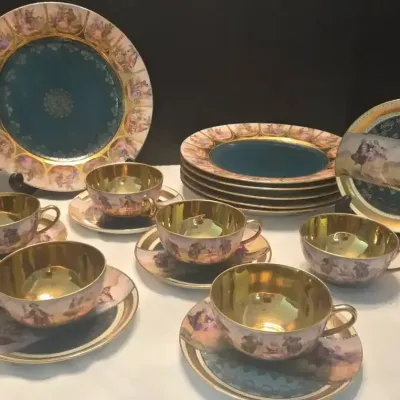 1920's Friedrich Simon Company Plates, Tea Cups & Saucers Set W/24k Gold Overlay