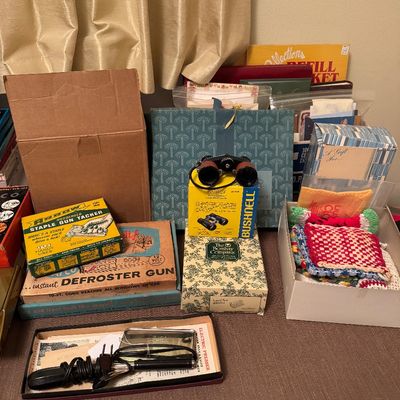 Crochet pieces, Vintage cards, Vintage, binoculars, Bombay company, playing cards set, fun, defroster, gun, staple gun, and more