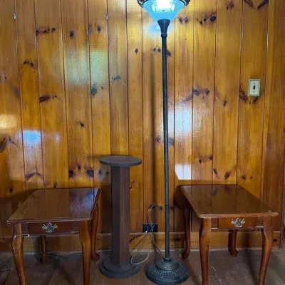 Matching Wooden End Tables with Pullout Drawer - Wood Pedestal and Large Metal Floor Lamp 