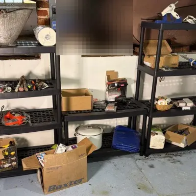 Plastic Shelves With Basement Contents - Black & Decker - Drill Master - Timers & More 