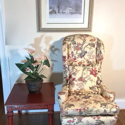 No Name Floral Design Tan Color Arm Chair, Reddish Color Side Table, John Furches Print, Lilly Vase 