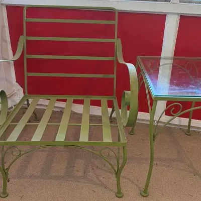 Vintage Green Wrought Iron Table and Chair 