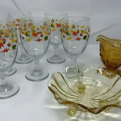 Libbey Set of 6 Autumn Leaves & Acorns Water Goblets - Amber Glass Creamer Pitcher and Trinket Dish 