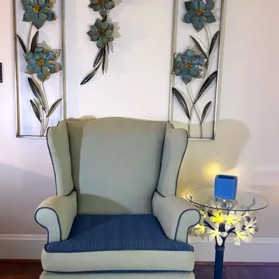 2Tone Blue Wingback Accent Chair, Vintage Glass Floral Light Up Table, Decorative Wall Set & Candle 