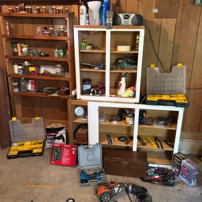 Cabinets and Tool Contents - Craftsman Type 1 Drill - Black & Decker - Bostitch- Husky 32 Pc Socket