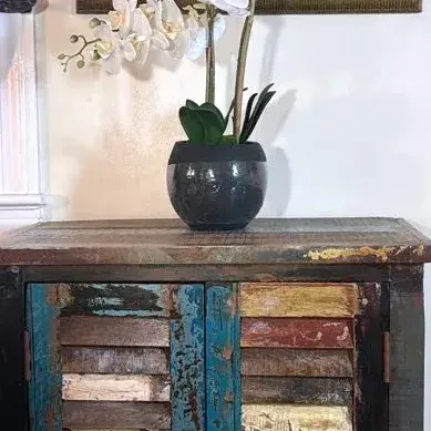 Vintage Rustic Two Door Cabinet, Distressed *Framed Magnolia Wall Art* Artificial Orchid and Planter