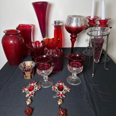 Tiffin - Kings Crown Raspberry Water Goblets - Strawberry Inspired Scalloped Top Vase - Red Glass