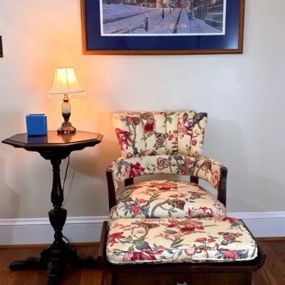 Vintage Floral Channel Back Chair/Ottoman *Pedestal Table, Philip Philbeck Signed/Numbered Old Salem