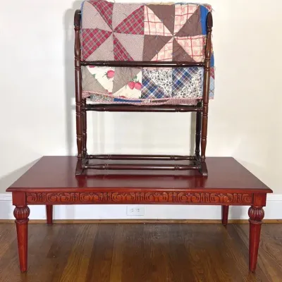 Dark Wood Coffee Table with Carved Apron and Flooded Legs * Hand Sewn Quilt Rack 