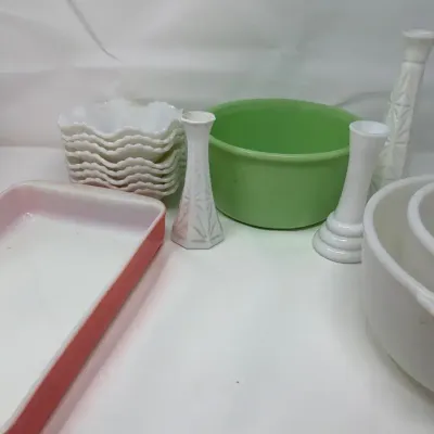 GE Milk Glass Mixing Bowls - Flamingo Pink Vintage Pyrex Baking Dish - Hoosier Glass Bud Vase & More
