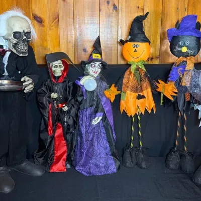 Standing Halloween Decor - Creepy Butler - Grim Reaper Skeleton- Friendly Pumpkin, Cat & Ghost 